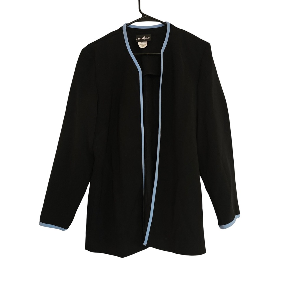 Positive Attitude Black Blazer Jacket Light Blue Trim Collarless Size 16